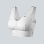 Care Design white cotton-lycra support bra with wide straps and band for large busts and sensitive skin.