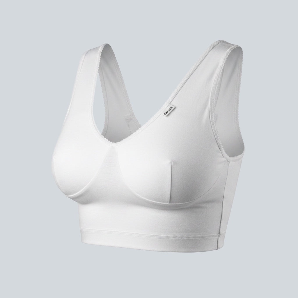 Care Design white cotton-lycra support bra with wide straps and band for large busts and sensitive skin.