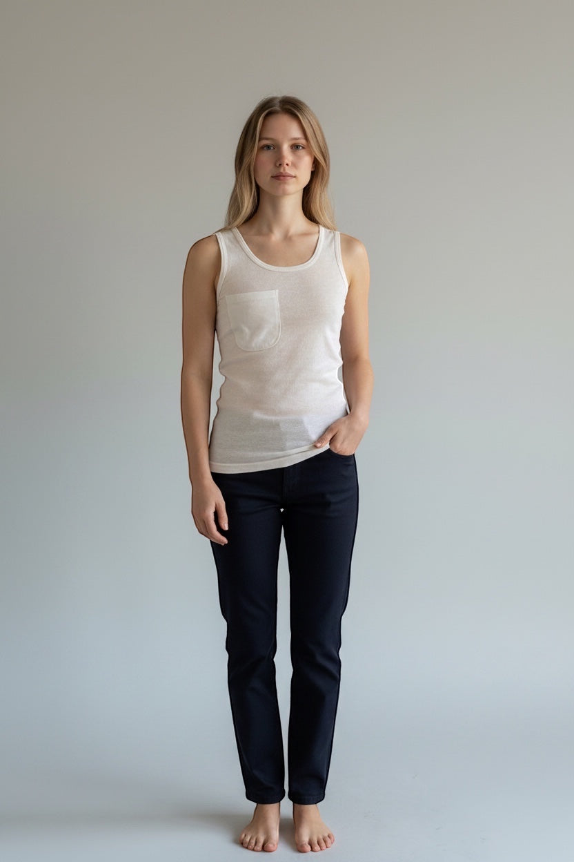 Care Design white 100% cotton vest with pocket for central venous catheter tubing.