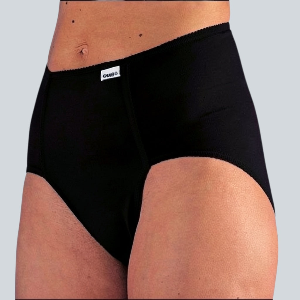 Care Design white high-waisted briefs with wide gusset for incontinence pads and diapers. Cotton blend.