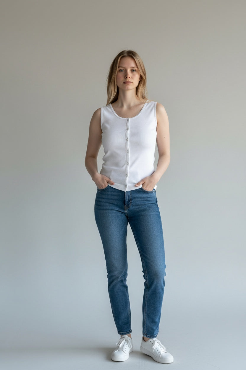 Care Design white sleeveless cotton blend tank top with front snap closure for arthritis patients