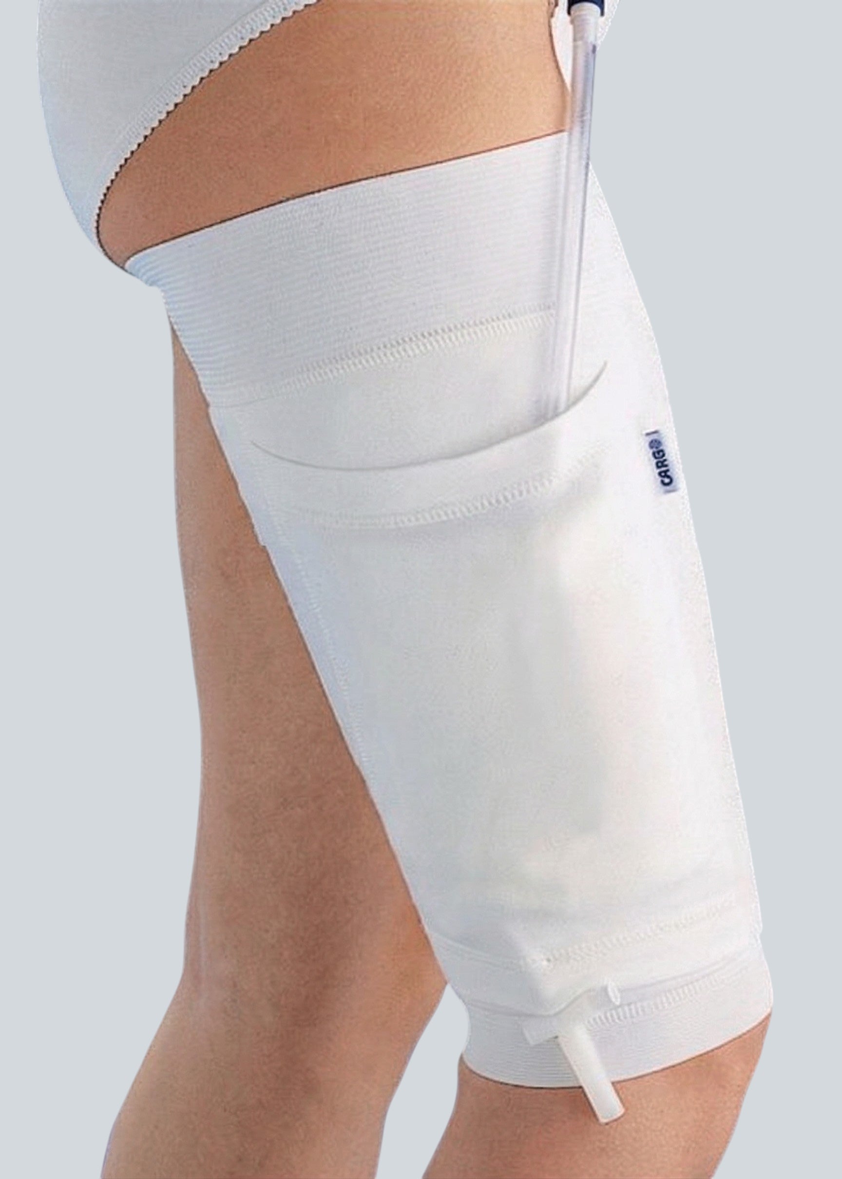 Care Design white cotton lycra urinary leg bag holder with secure fixation and breathable design.