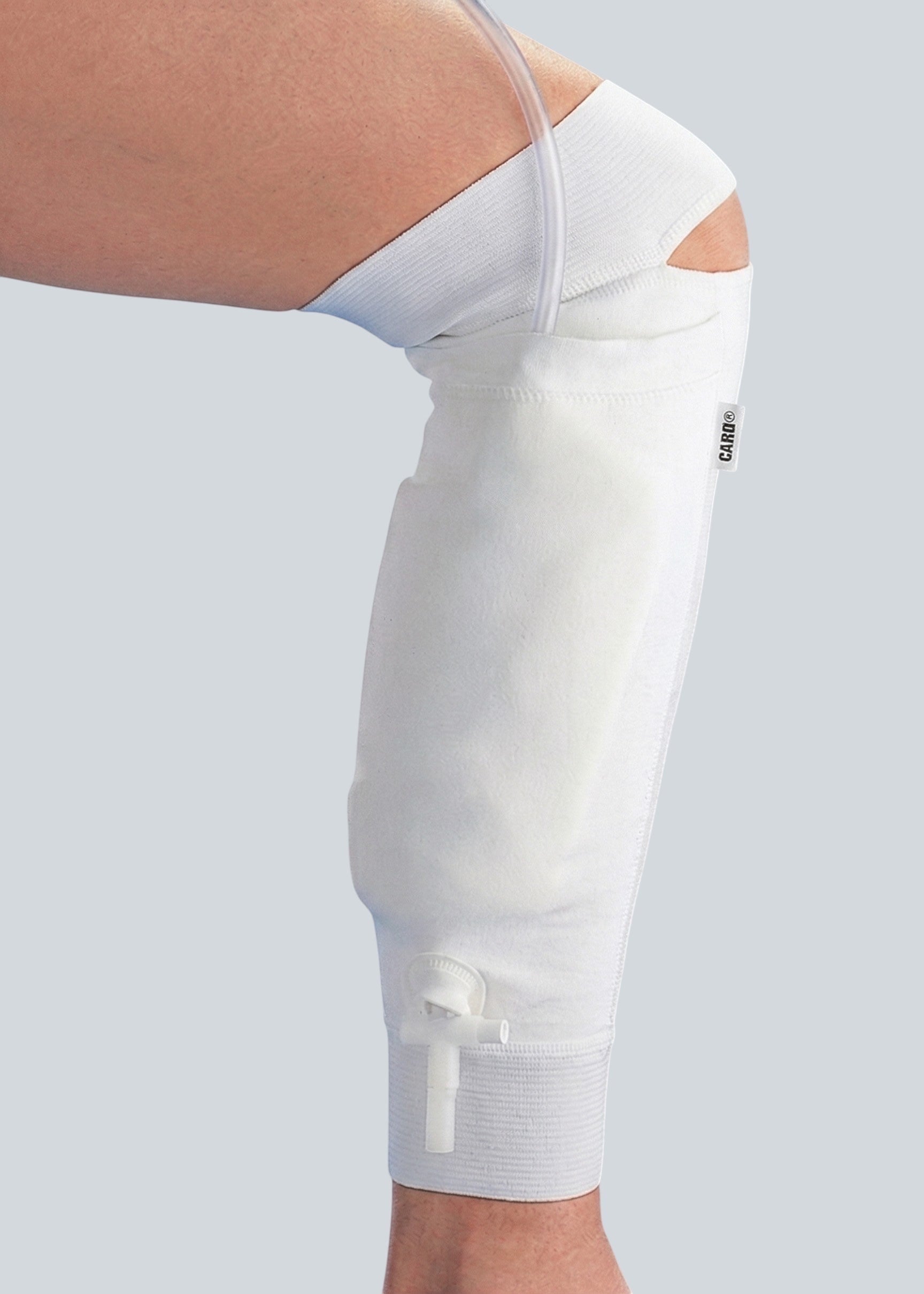 Care Design white cotton lycra urine leg bag holder with secure fixation and breathable design.