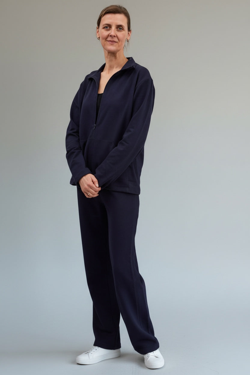 Care Design navy blue and grey zip-up tracksuit set for adults, made of cotton and elastane, with pockets and elastic waist.