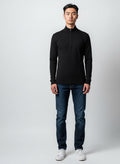 Care Design men's black 100% wool long-sleeve base layer with mock neck and quarter-zip.