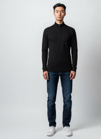 Care Design men's black 100% wool long-sleeve base layer with mock neck and quarter-zip.
