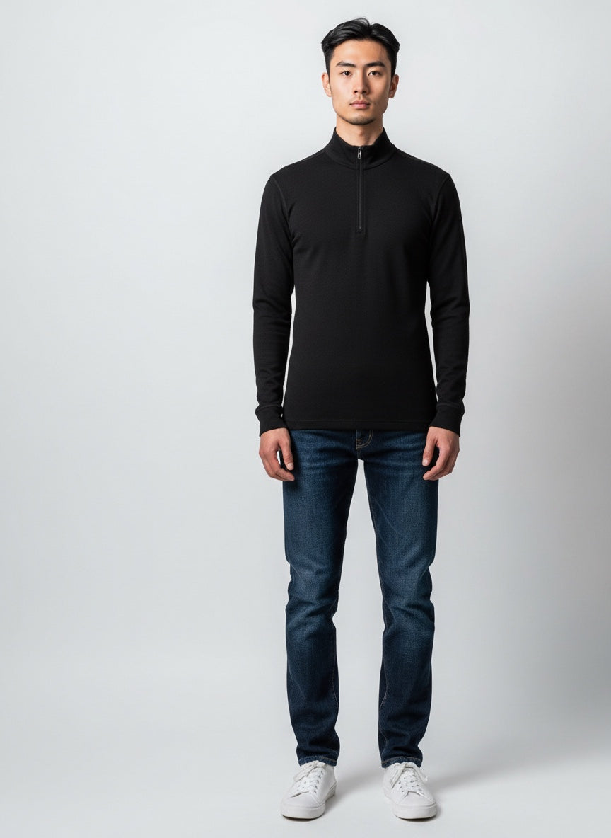 Care Design men's black 100% wool long-sleeve base layer with mock neck and quarter-zip.