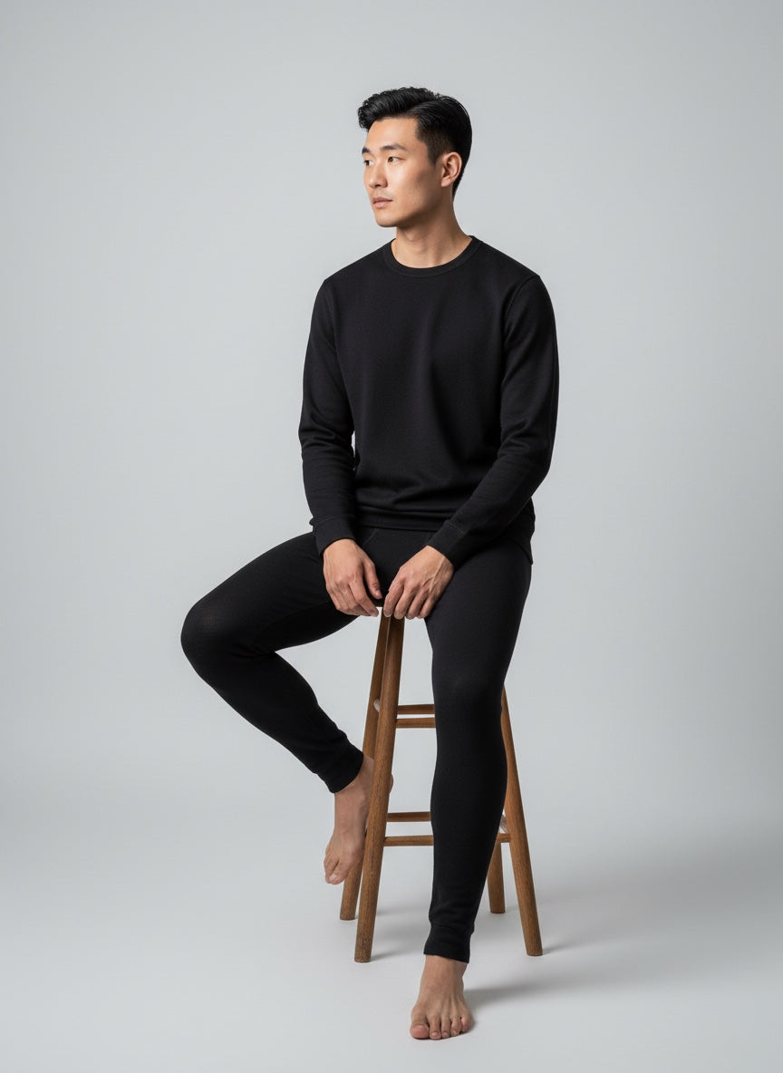 Care Design Christopher men's black 100% wool thermal leggings with Woolmark certification.