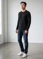 Care Design men's black 100% wool long-sleeve thermal shirt with crew neck.