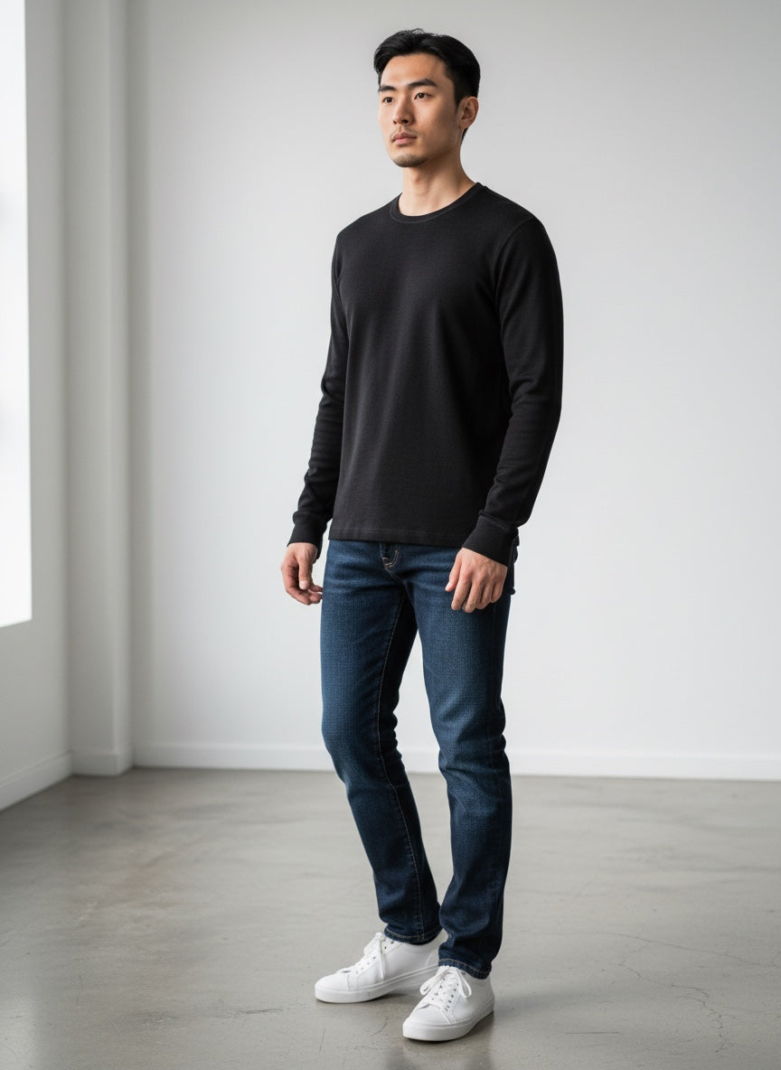 Care Design men's black 100% wool long-sleeve thermal shirt with crew neck.