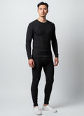 Care Design black 100% wool thermal leggings for men, Woolmark certified for purity and quality.