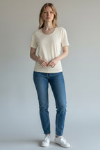 Care Design "Marie" women's short-sleeve thermal t-shirt in off-white 100% wool. Woolmark certified.